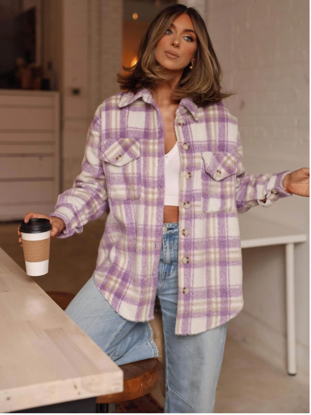 DAVI & DANI Purple and Cream Plaid Teddy Jacket
